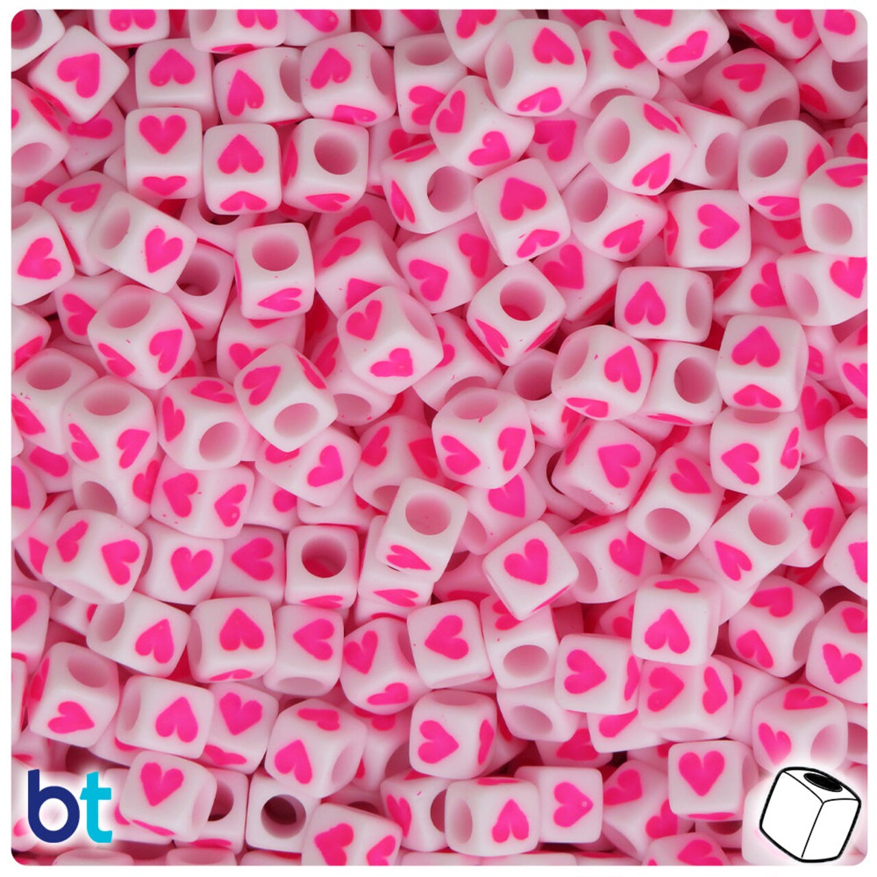 BeadTin White Opaque 6mm Cube Plastic Alpha Beads - Pink Hearts (200pcs)